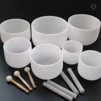 Cuencos cantores de cristal esmerilado blanco con estuche y mazo de gamuza para terapia de sonido